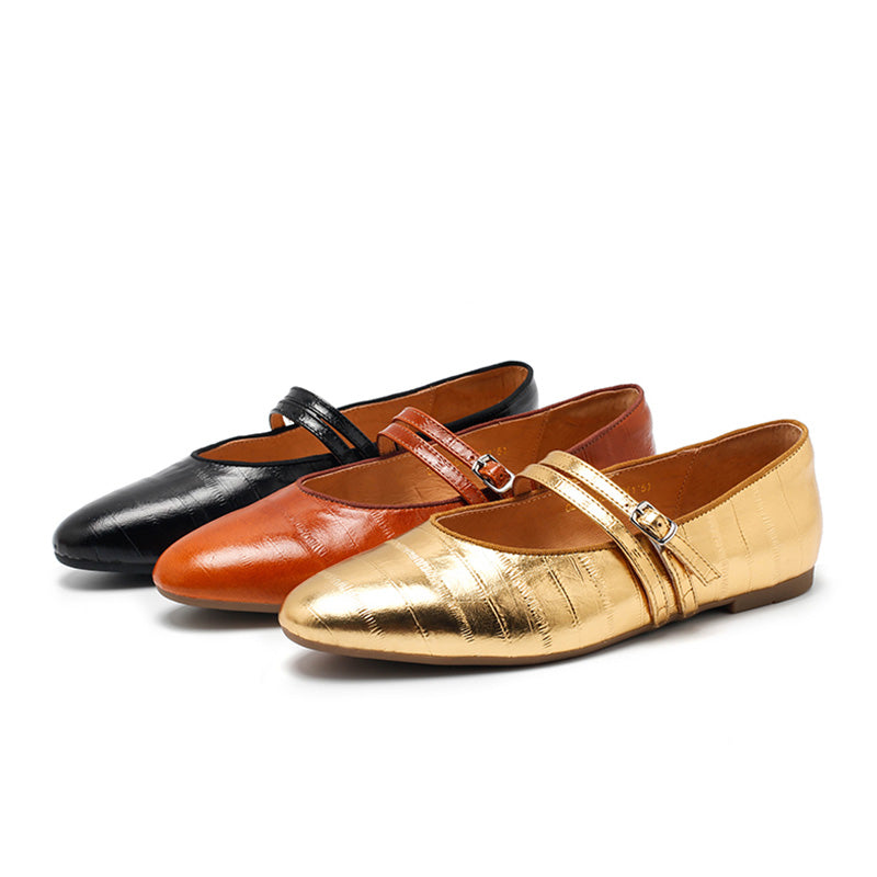 Dwarves Textured Leather Mary Jane Flats for Women Double Strap Ballet Shoes in Golden/Black/Brown