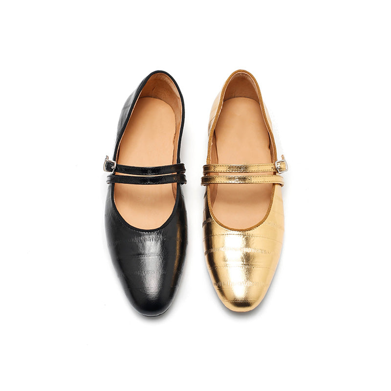 Dwarves Textured Leather Mary Jane Flats for Women Double Strap Ballet Shoes in Golden/Black/Brown