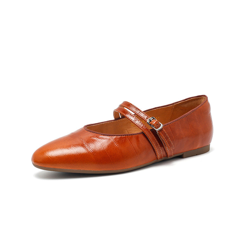 Dwarves Textured Leather Mary Jane Flats for Women Double Strap Ballet Shoes in Golden/Black/Brown