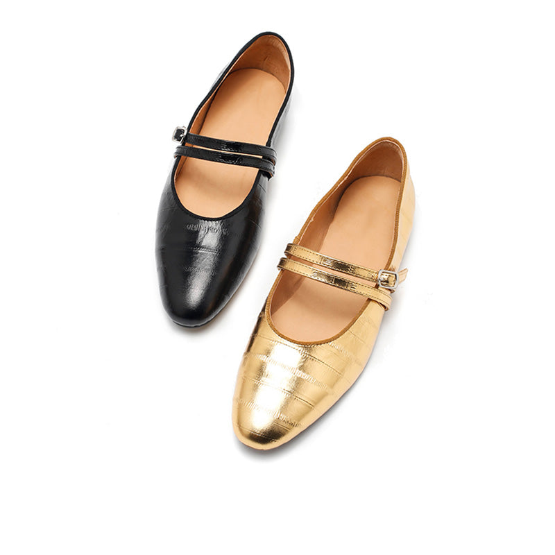 Dwarves Textured Leather Mary Jane Flats for Women Double Strap Ballet Shoes in Golden/Black/Brown
