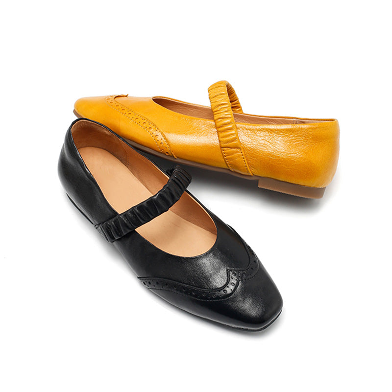 Dwarves Vintage Brogue Handmade Sheepskin Mary Jane Flats in Champagne/Black/Yellow