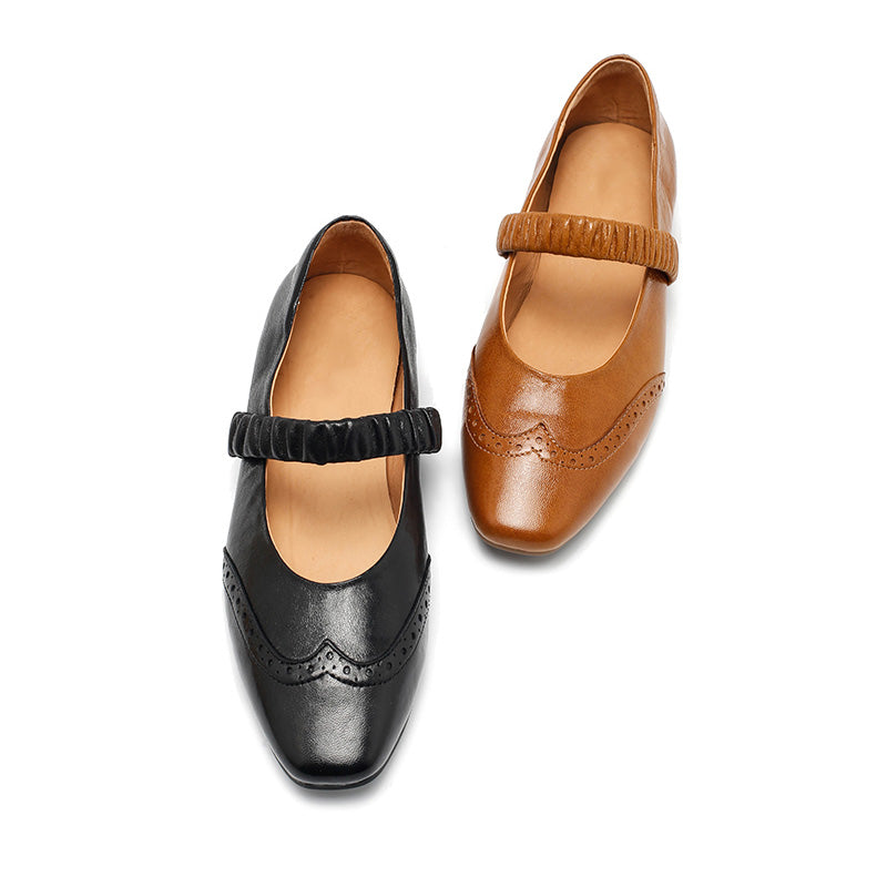 Dwarves Vintage Brogue Handmade Sheepskin Mary Jane Flats in Champagne/Black/Yellow
