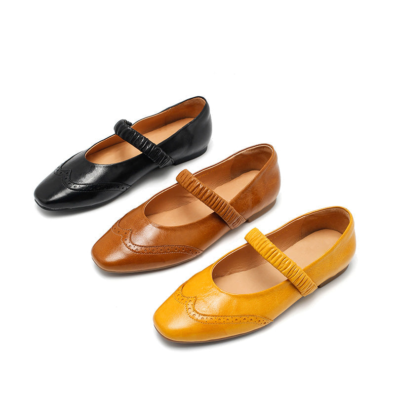 Dwarves Vintage Brogue Handmade Sheepskin Mary Jane Flats in Champagne/Black/Yellow