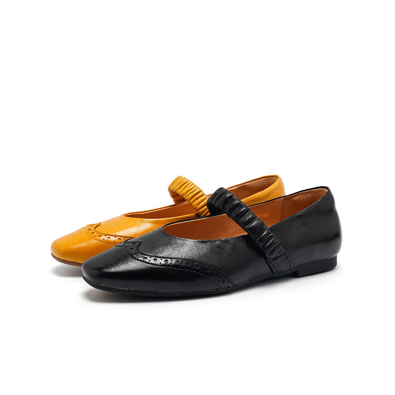 Dwarves Vintage Brogue Handmade Sheepskin Mary Jane Flats in Champagne/Black/Yellow