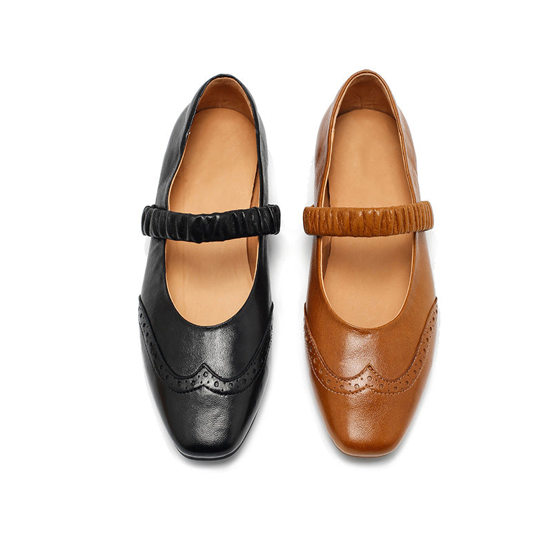 Dwarves Vintage Brogue Handmade Sheepskin Mary Jane Flats in Champagne/Black/Yellow