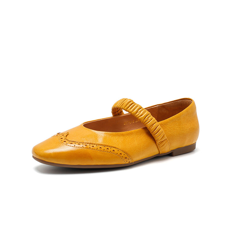 Dwarves Vintage Brogue Handmade Sheepskin Mary Jane Flats in Champagne/Black/Yellow
