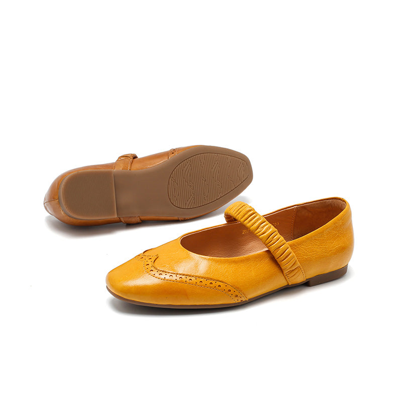 Dwarves Vintage Brogue Handmade Sheepskin Mary Jane Flats in Champagne/Black/Yellow