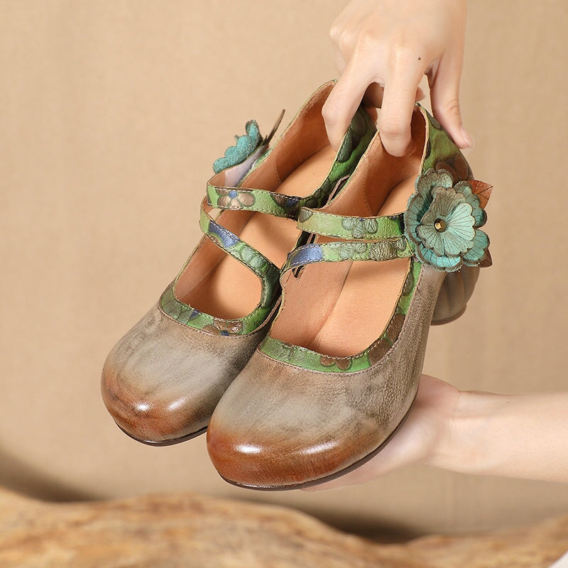 Eastern Style Handmade Leather Mary Jane Pumps with Floral Detail in Grey