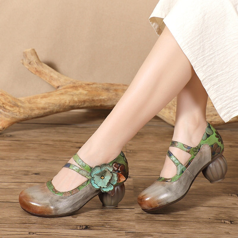 Eastern Style Handmade Leather Mary Jane Pumps with Floral Detail in Grey