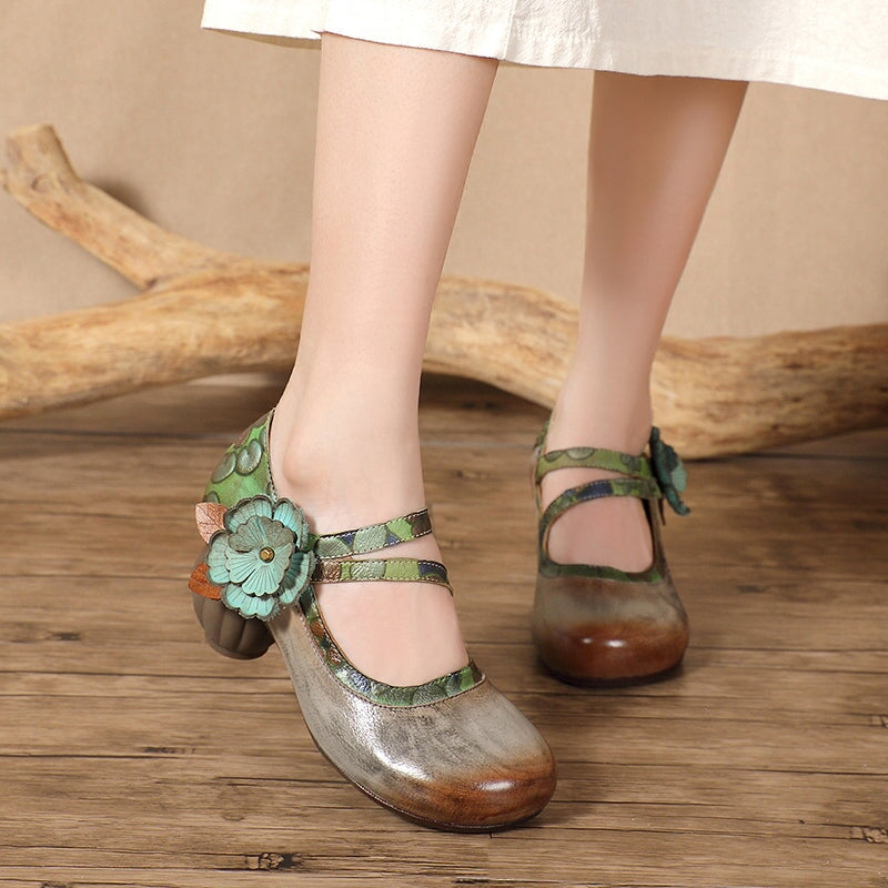 Eastern Style Handmade Leather Mary Jane Pumps with Floral Detail in Grey