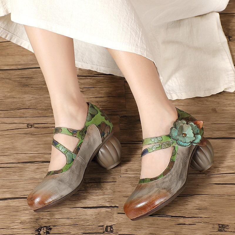 Eastern Style Handmade Leather Mary Jane Pumps with Floral Detail in Grey