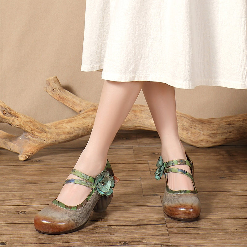 Eastern Style Handmade Leather Mary Jane Pumps with Floral Detail in Grey