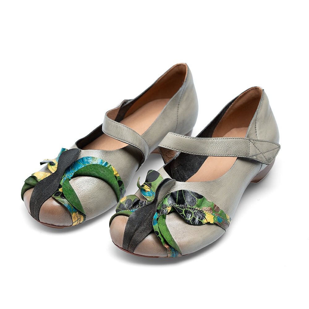 Eastern Styles Handmade Leather Floral Mary Jane Shoes wit Velcro Strap in Grey