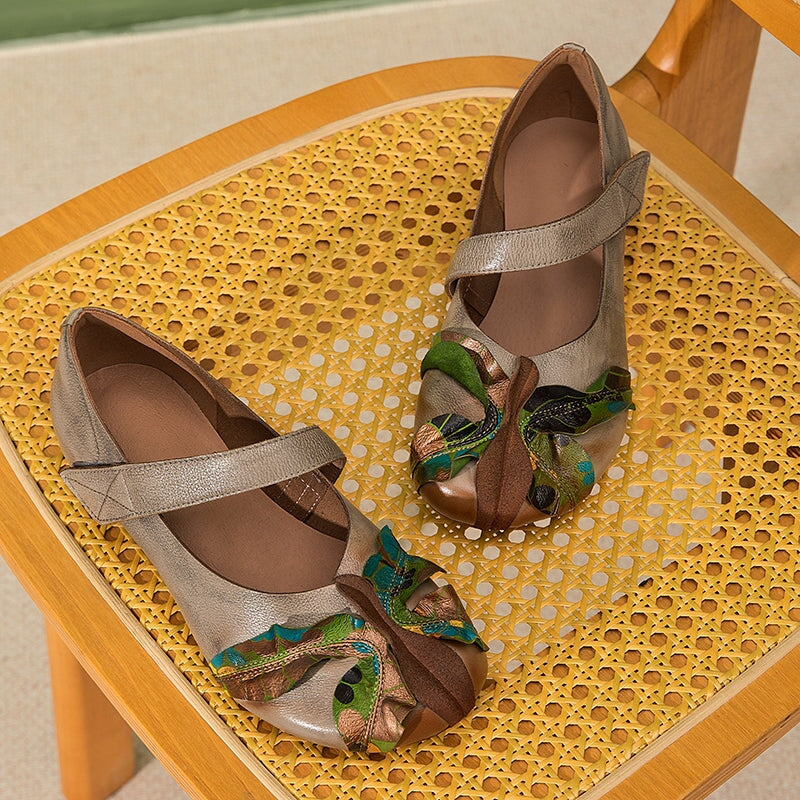 Eastern Styles Handmade Leather Floral Mary Jane Shoes wit Velcro Strap in Grey