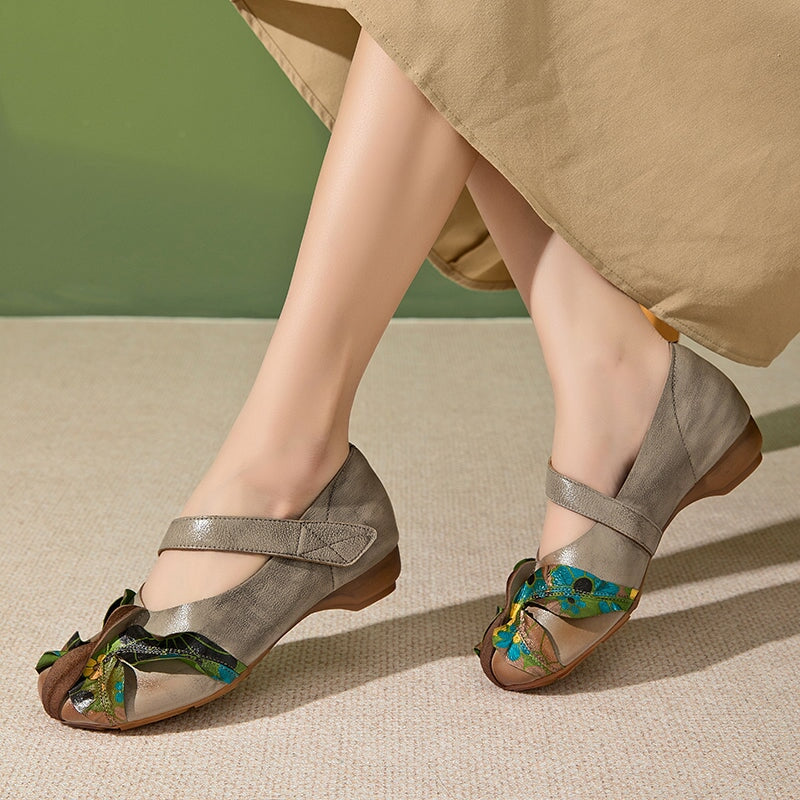 Eastern Styles Handmade Leather Floral Mary Jane Shoes wit Velcro Strap in Grey