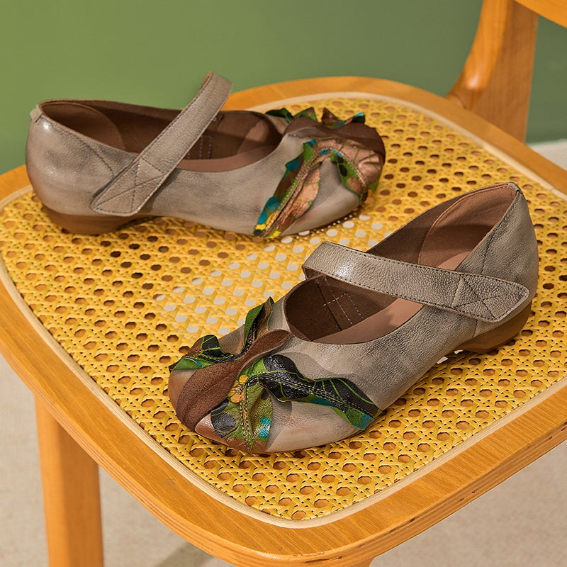 Eastern Styles Handmade Leather Floral Mary Jane Shoes wit Velcro Strap in Grey