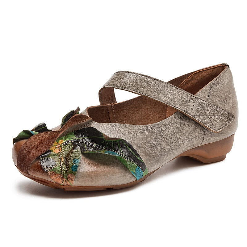 Eastern Styles Handmade Leather Floral Mary Jane Shoes wit Velcro Strap in Grey