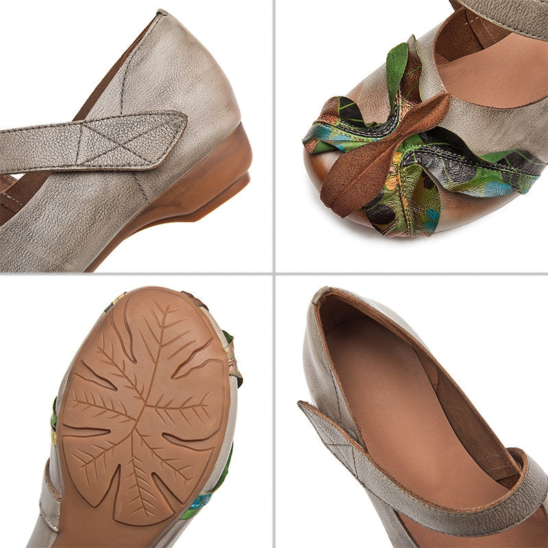 Eastern Styles Handmade Leather Floral Mary Jane Shoes wit Velcro Strap in Grey