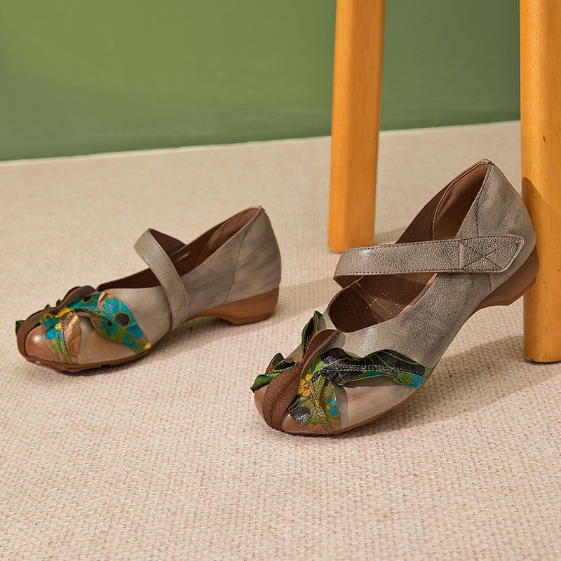 Eastern Styles Handmade Leather Floral Mary Jane Shoes wit Velcro Strap in Grey
