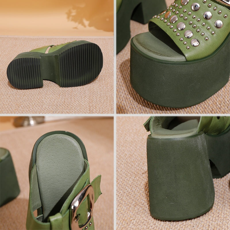 Edgy Studded Leather Platform Heels Bold Open-Toe Sandals for Women in Black/Green