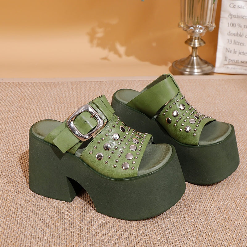 Edgy Studded Leather Platform Heels Bold Open-Toe Sandals for Women in Black/Green
