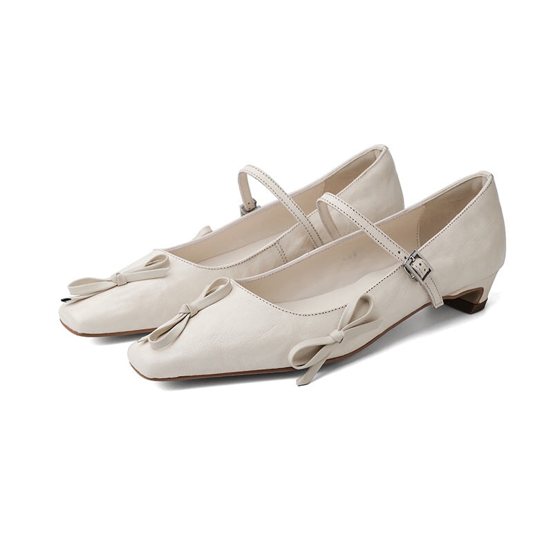 Elegant Bow Mary Jane Kitten Heels Handmade Textured Sheepskin Leather Pumps in Black/Beige