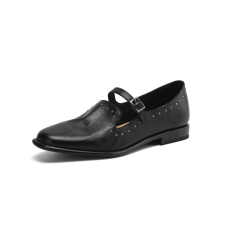 Elegant Buckle Strap Mary Jane Leather Shoes with Rivet Detailing in Black/Pink/Grey/Coffee