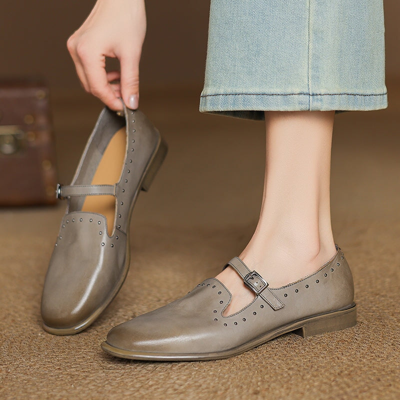 Elegant Buckle Strap Mary Jane Leather Shoes with Rivet Detailing in Black/Pink/Grey/Coffee