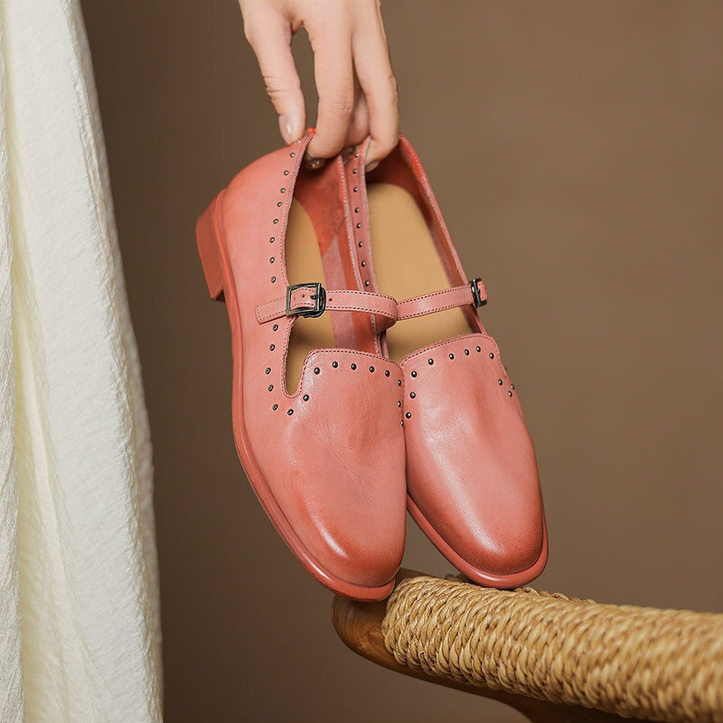 Elegant Buckle Strap Mary Jane Leather Shoes with Rivet Detailing in Black/Pink/Grey/Coffee