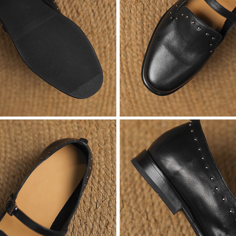 Elegant Buckle Strap Mary Jane Leather Shoes with Rivet Detailing in Black/Pink/Grey/Coffee
