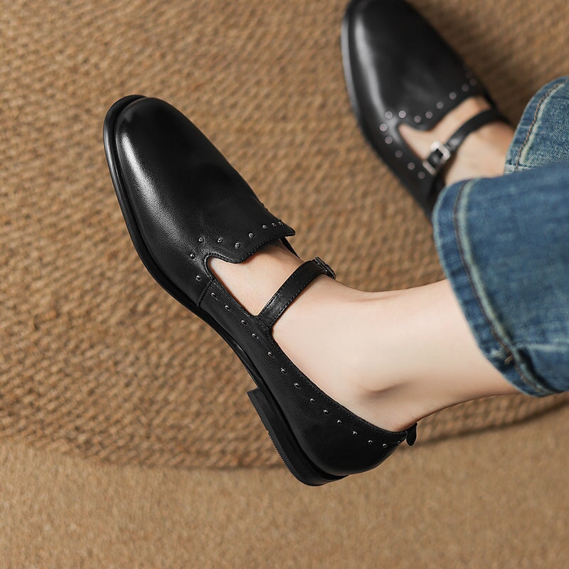 Elegant Buckle Strap Mary Jane Leather Shoes with Rivet Detailing in Black/Pink/Grey/Coffee