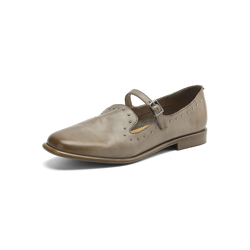 Elegant Buckle Strap Mary Jane Leather Shoes with Rivet Detailing in Black/Pink/Grey/Coffee