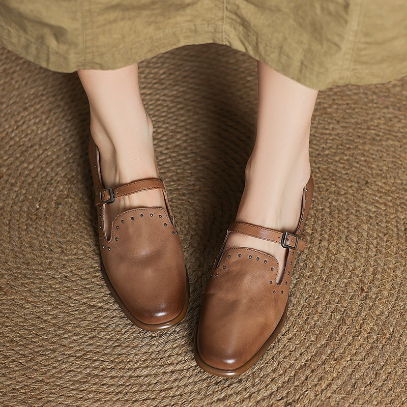 Elegant Buckle Strap Mary Jane Leather Shoes with Rivet Detailing in Black/Pink/Grey/Coffee