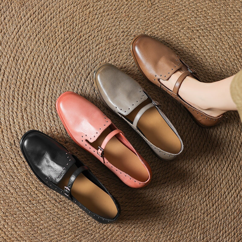Elegant Buckle Strap Mary Jane Leather Shoes with Rivet Detailing in Black/Pink/Grey/Coffee