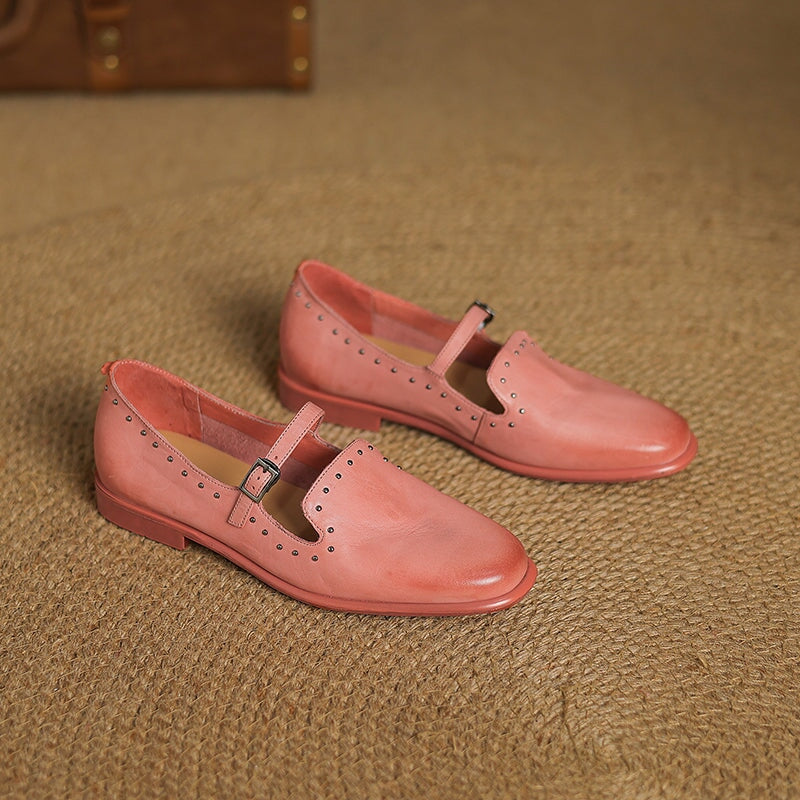 Elegant Buckle Strap Mary Jane Leather Shoes with Rivet Detailing in Black/Pink/Grey/Coffee