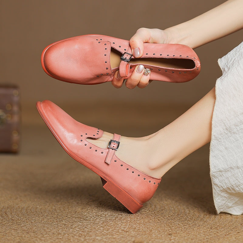 Elegant Buckle Strap Mary Jane Leather Shoes with Rivet Detailing in Black/Pink/Grey/Coffee