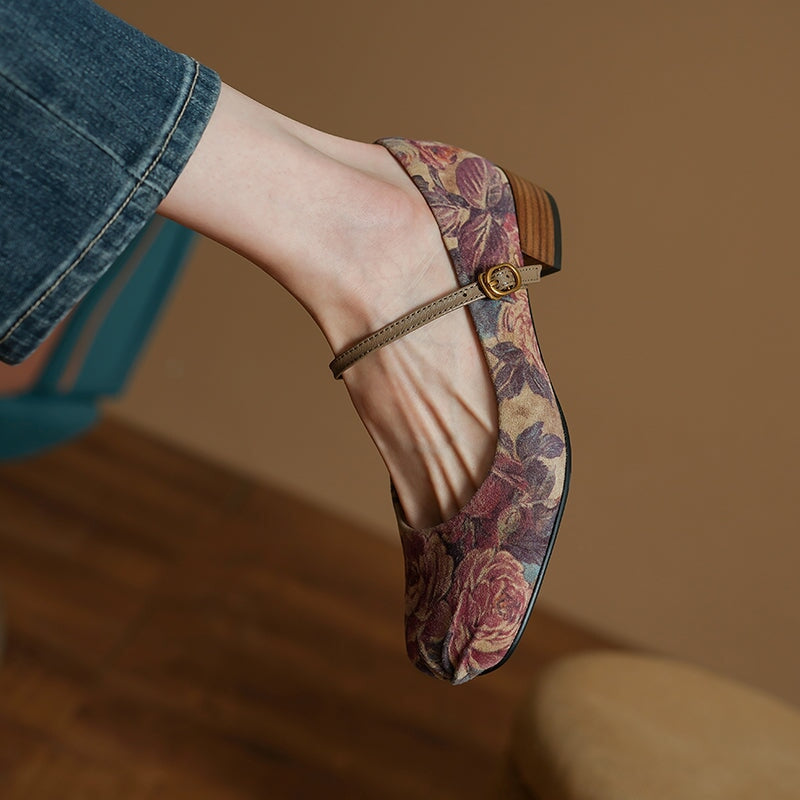 Elegant Floral Leather Mary Jane Shoes with Asymmetrical Rose Pattern in Apricot