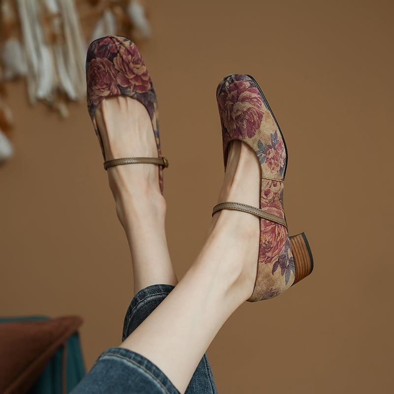 Elegant Floral Leather Mary Jane Shoes with Asymmetrical Rose Pattern in Apricot