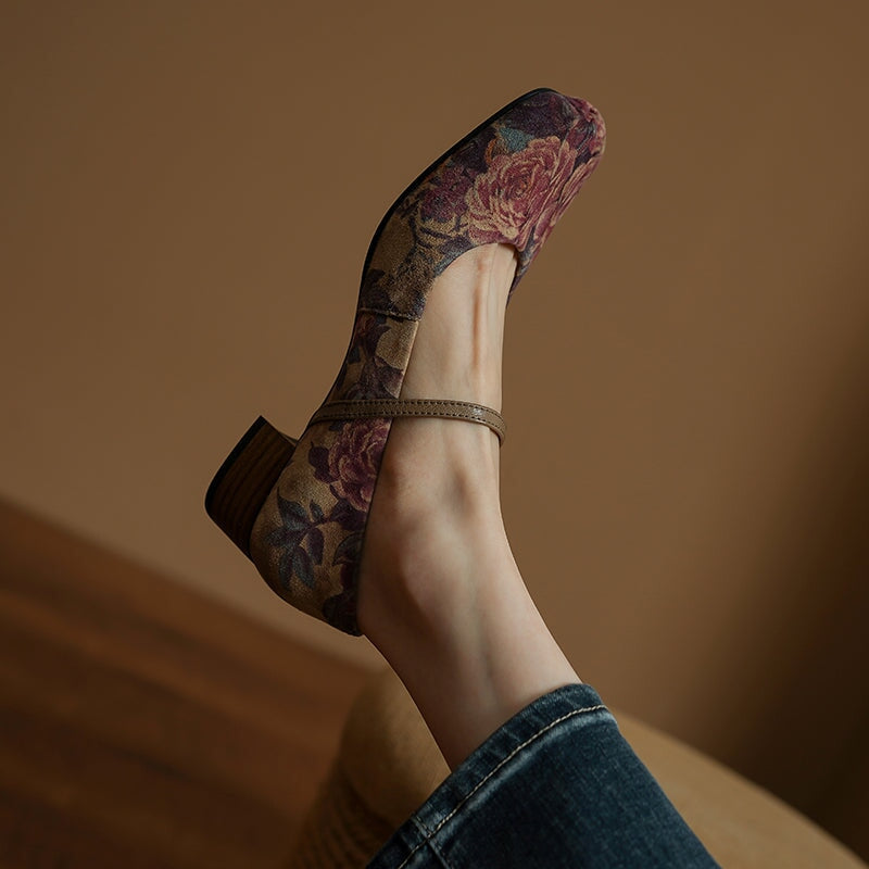 Elegant Floral Leather Mary Jane Shoes with Asymmetrical Rose Pattern in Apricot
