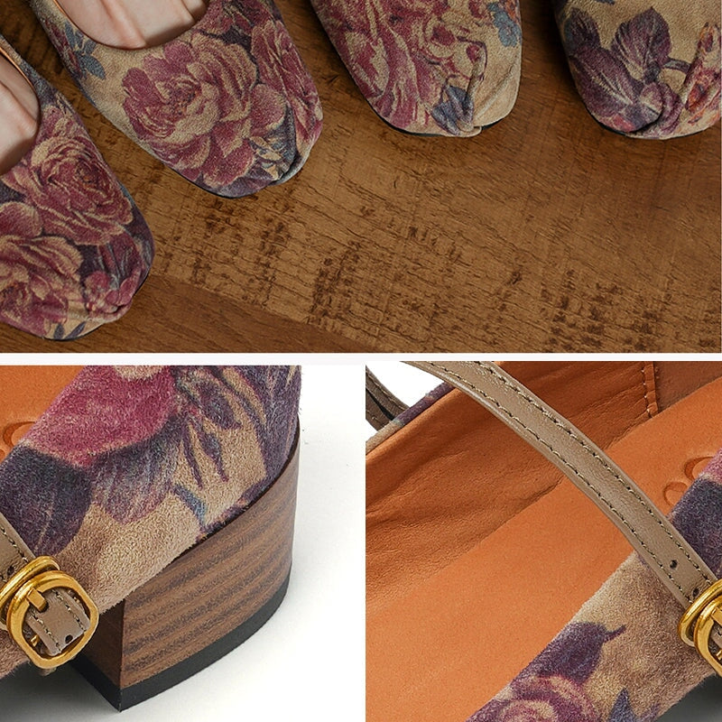 Elegant Floral Leather Mary Jane Shoes with Asymmetrical Rose Pattern in Apricot