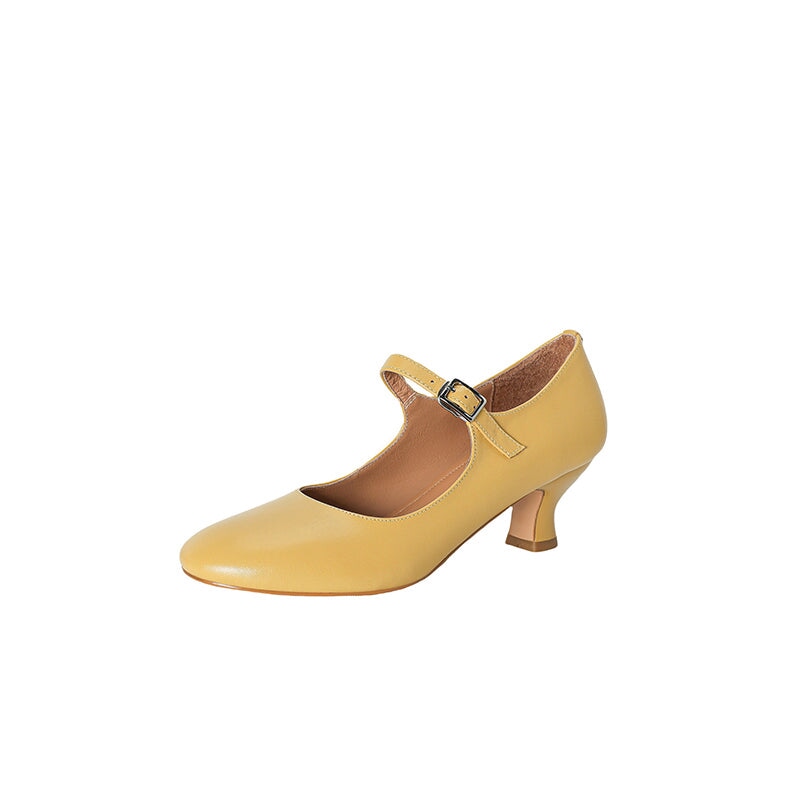 Elegant Handmade 50mm Kitten Heel Cowhide Leather Mary Jane Pumps in Yellow/White