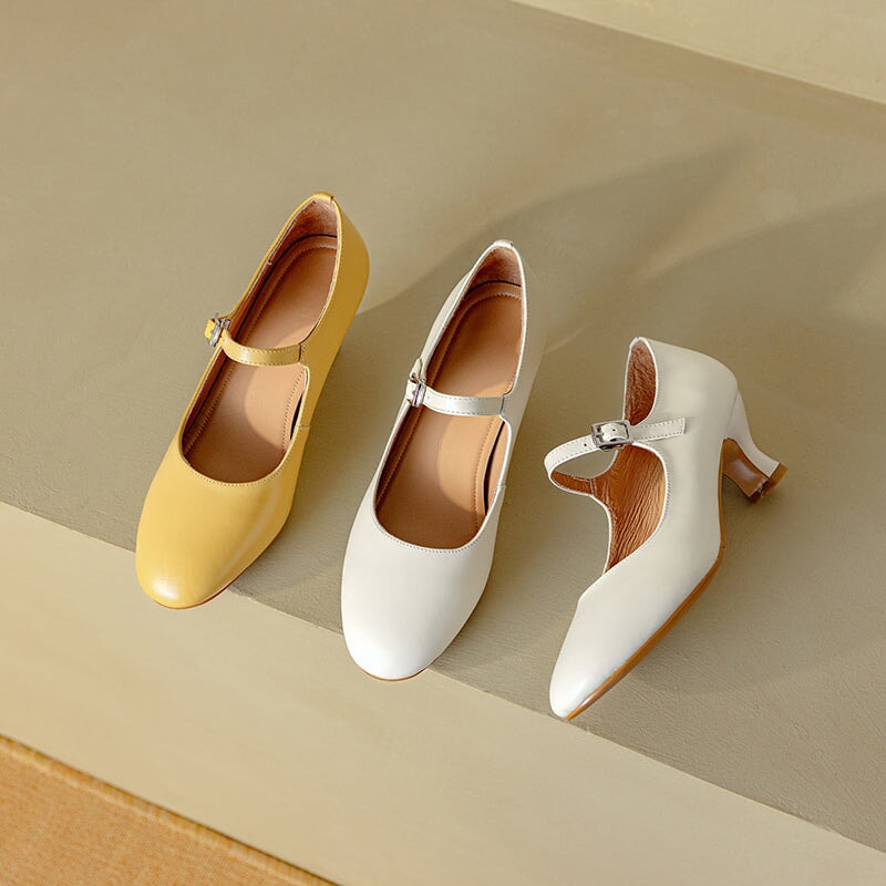 Elegant Handmade 50mm Kitten Heel Cowhide Leather Mary Jane Pumps in Yellow/White