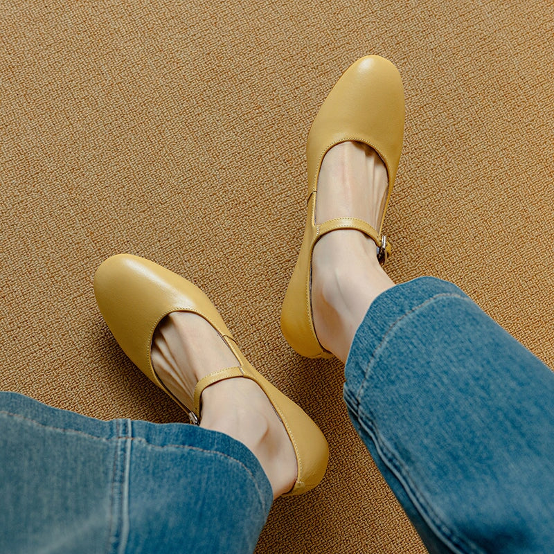 Elegant Handmade 50mm Kitten Heel Cowhide Leather Mary Jane Pumps in Yellow/White