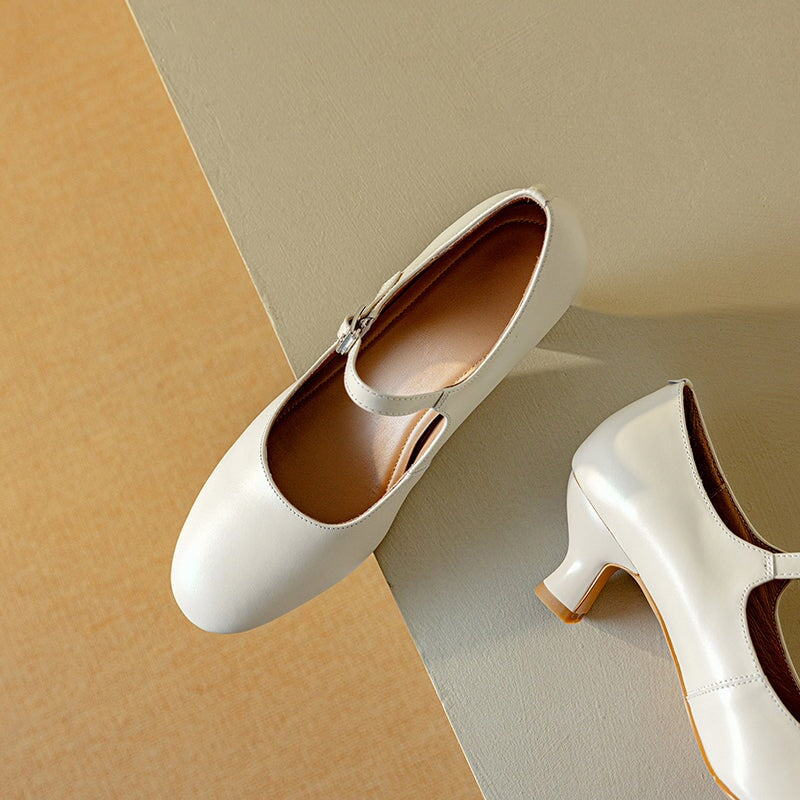 Elegant Handmade 50mm Kitten Heel Cowhide Leather Mary Jane Pumps in Yellow/White