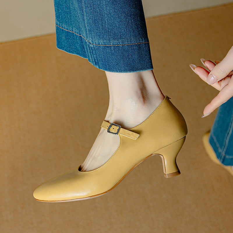 Elegant Handmade 50mm Kitten Heel Cowhide Leather Mary Jane Pumps in Yellow/White