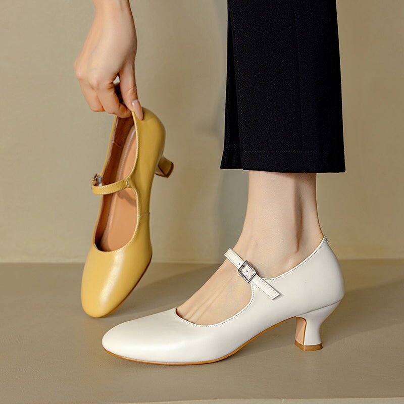 Elegant Handmade 50mm Kitten Heel Cowhide Leather Mary Jane Pumps in Yellow/White