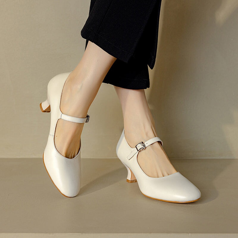 Elegant Handmade 50mm Kitten Heel Cowhide Leather Mary Jane Pumps in Yellow/White