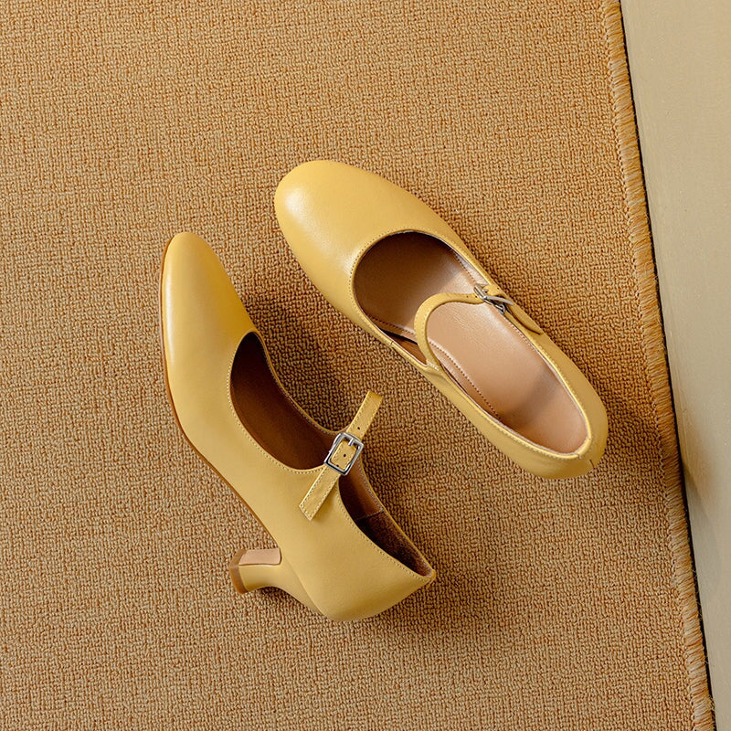 Elegant Handmade 50mm Kitten Heel Cowhide Leather Mary Jane Pumps in Yellow/White