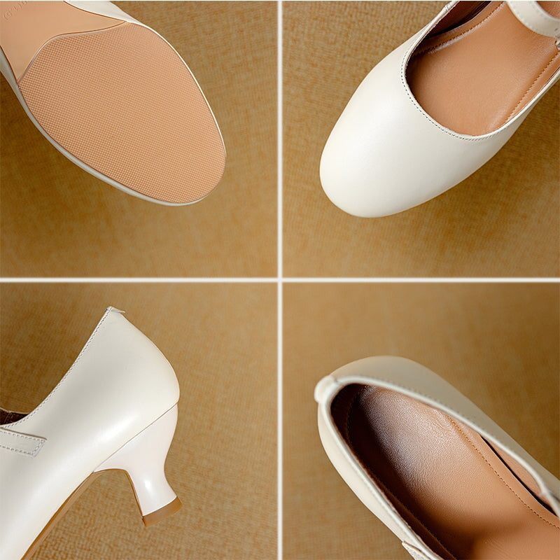 Elegant Handmade 50mm Kitten Heel Cowhide Leather Mary Jane Pumps in Yellow/White