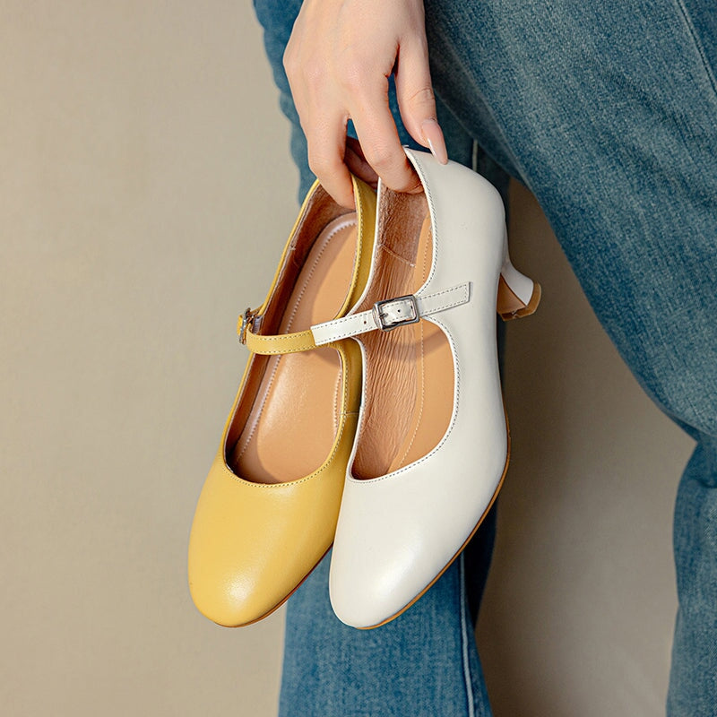 Elegant Handmade 50mm Kitten Heel Cowhide Leather Mary Jane Pumps in Yellow/White